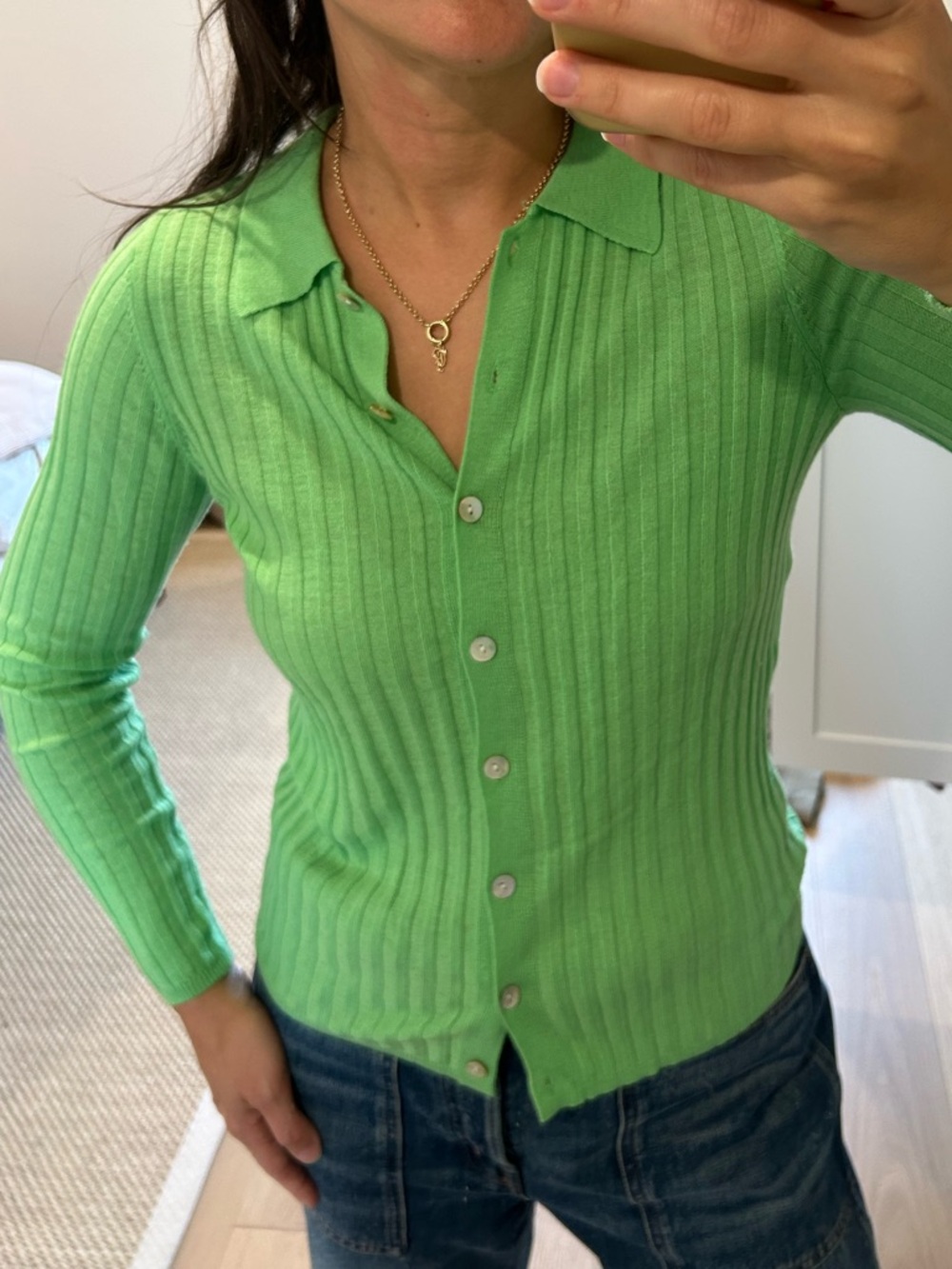 Zara Lime Green Ribbed Button-Down Polo Cardigan